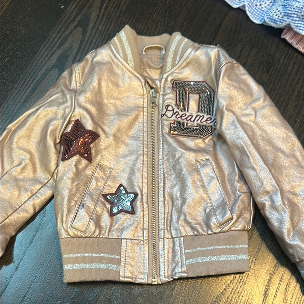 RoseGold (pink and silver) leather Bomber Jacket with Star Patches